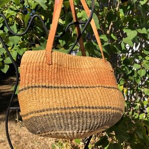 Vtg Sisal Woven Market Purse Jute Straw Leather